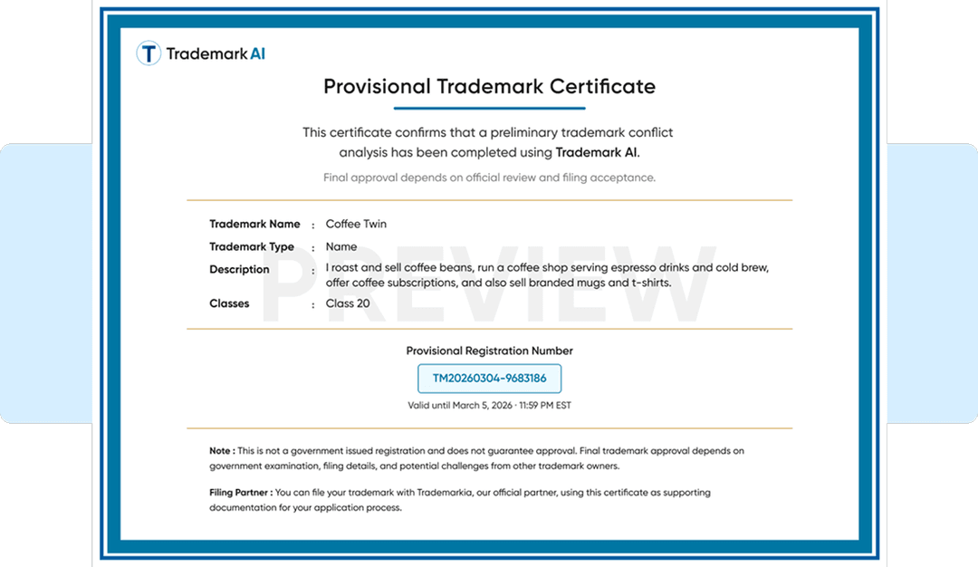 Provisional Trademark Certificate